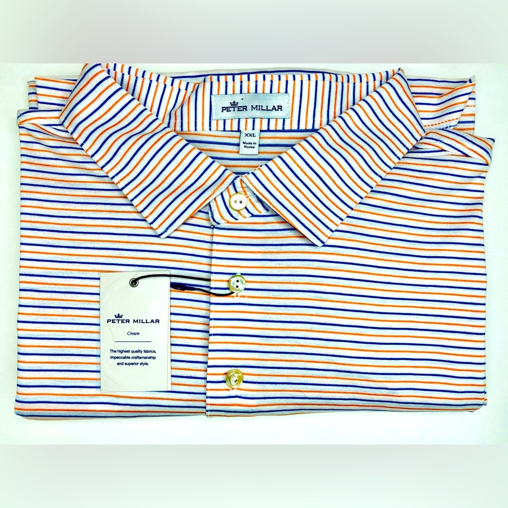 XXL Peter Millar Short-Sleeve Performance Polo BLUE/WHITE/ORANGE STRIPES